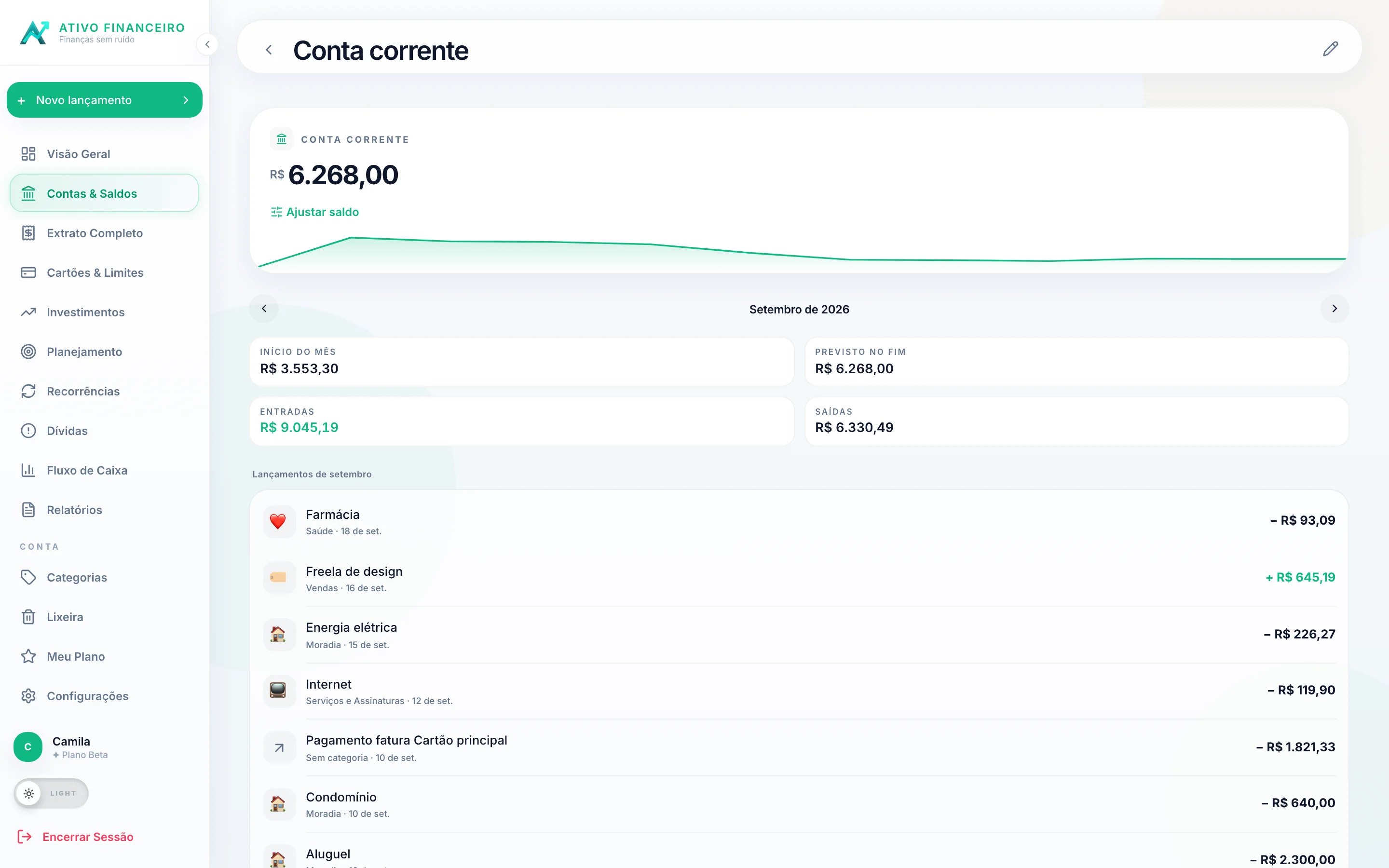 Tela da conta corrente em setembro: saldo, seletor de mês, início do mês, previsto no fim, entradas, saídas e os lançamentos do mês.